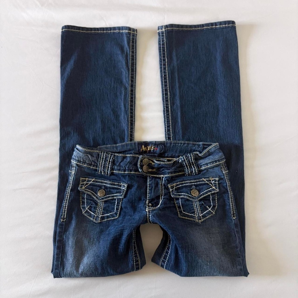 Angels Low Rise Flare Jeans Womens Size 9 Blue Contrast Stitch Flap Pocket